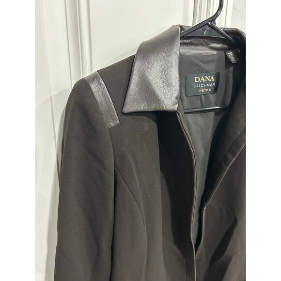 Dana Buchman Leather Trim Open Front Black Blazer Size 4 Petite Modern Edgy - Picture 4 of 11